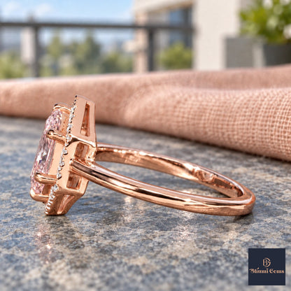 Pink Hexagon Cut Lab Grown Diamond Engagement Ring - Halo in rose gold, side view