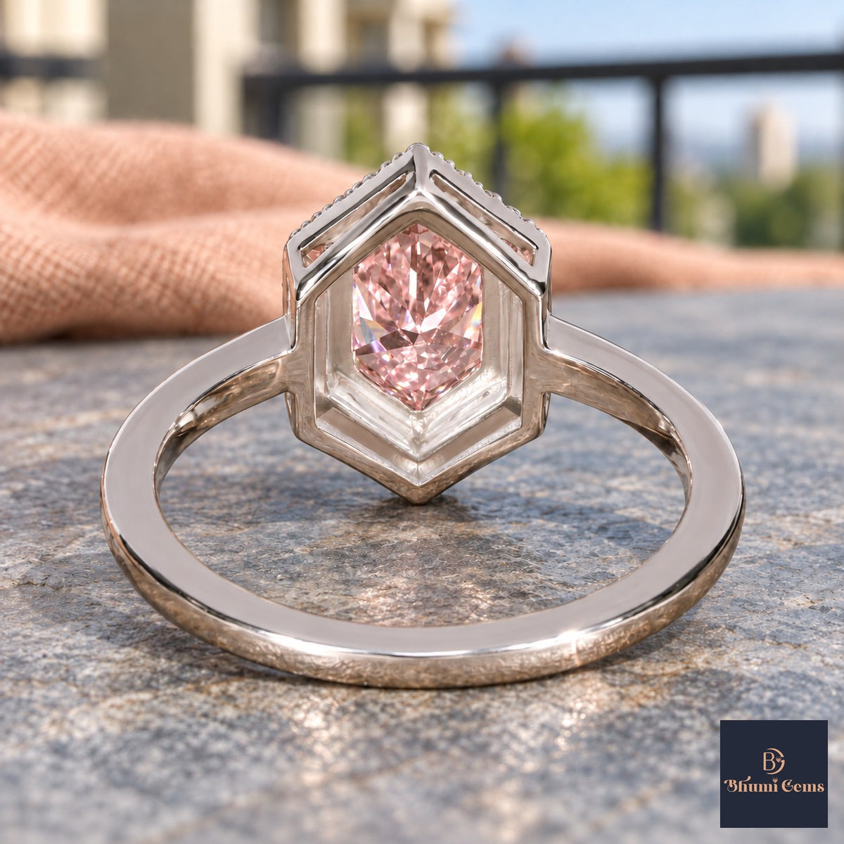 Pink Hexagon Cut Lab Grown Diamond Engagement Ring - Halo in white gold, gallery view