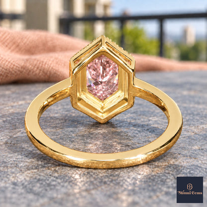 Pink Hexagon Cut Lab Grown Diamond Engagement Ring - Halo in yellow gold, gallery view