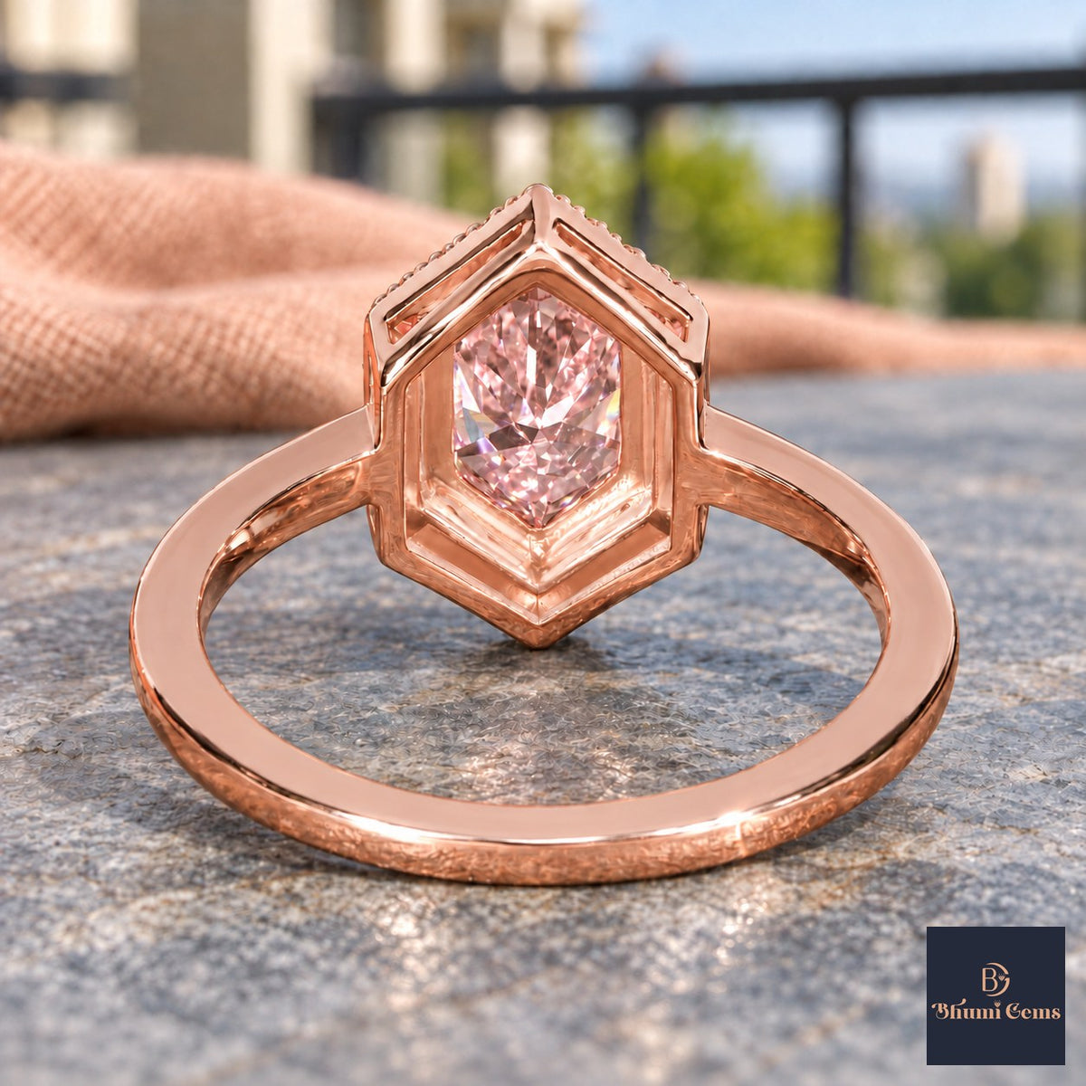 Pink Hexagon Cut Lab Grown Diamond Engagement Ring - Halo in rose gold, gallery view