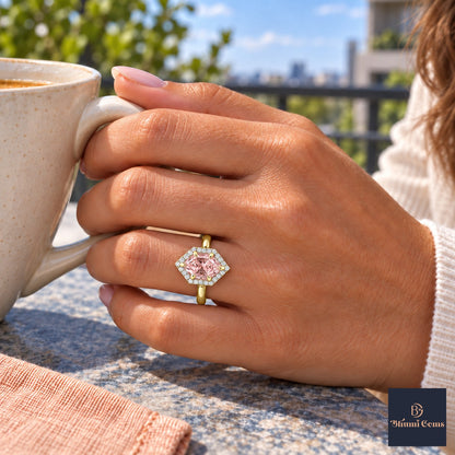 Pink Hexagon Cut Lab Grown Diamond Engagement Ring - Halo in yellow gold, on the hand