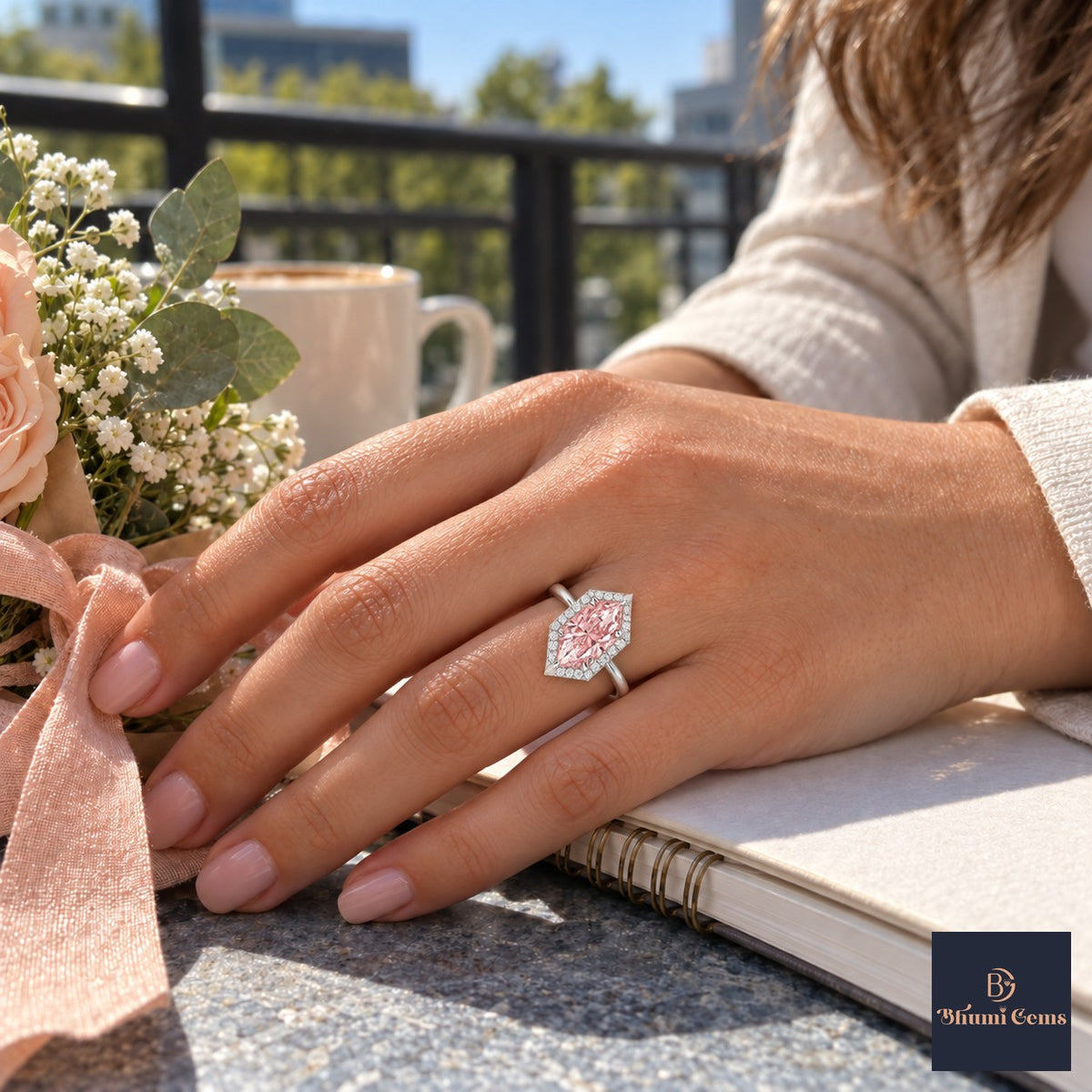 Pink Hexagon Cut Lab Grown Diamond Engagement Ring - Halo in white gold, worn on the hand