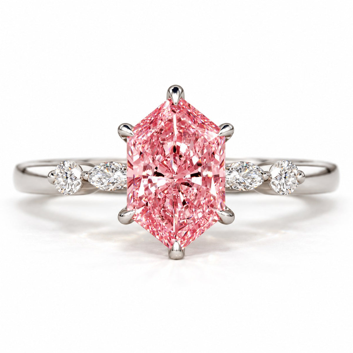 Pink Hexagon Cut Lab Grown Diamond Engagement Ring - Marquise and Round Accents in white gold, front view