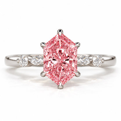 Pink Hexagon Cut Lab Grown Diamond Engagement Ring - Marquise and Round Accents in white gold, front view