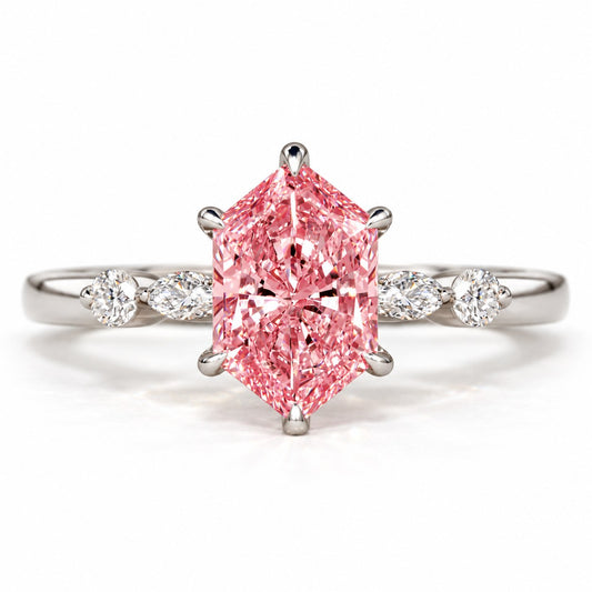 Pink Hexagon Cut Lab Grown Diamond Engagement Ring - Marquise and Round Accents in white gold, front view