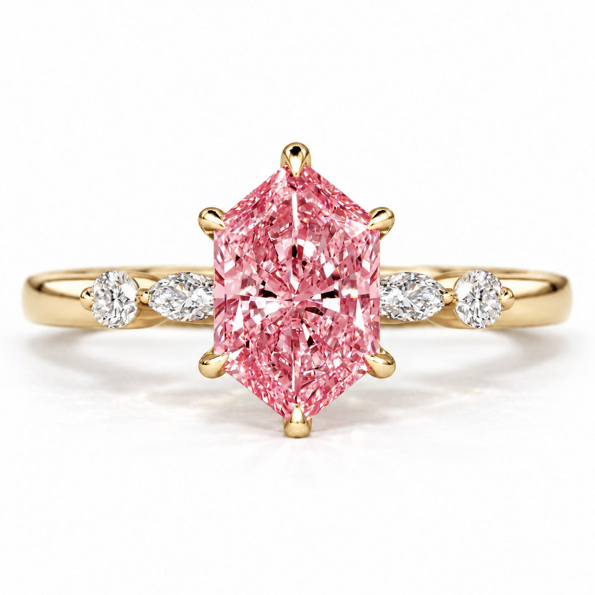 Pink Hexagon Cut Lab Grown Diamond Engagement Ring - Marquise and Round Accents in yellow gold, front view