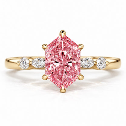 Pink Hexagon Cut Lab Grown Diamond Engagement Ring - Marquise and Round Accents in yellow gold, front view