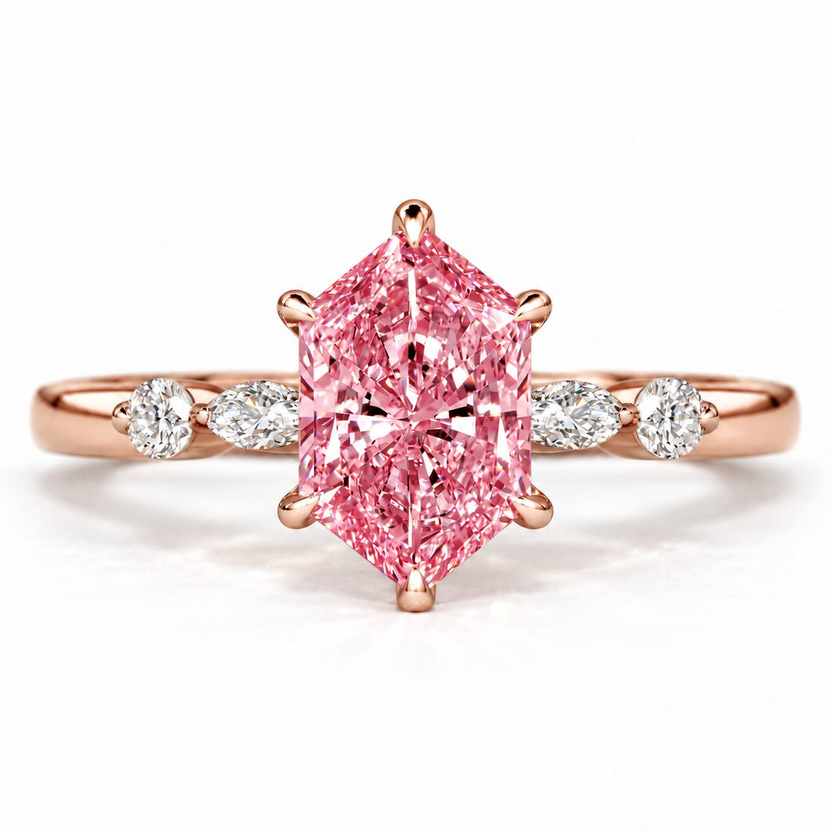 Pink Hexagon Cut Lab Grown Diamond Engagement Ring - Marquise and Round Accents in rose gold, front view