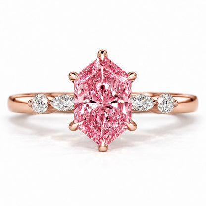 Pink Hexagon Cut Lab Grown Diamond Engagement Ring - Marquise and Round Accents in rose gold, front view