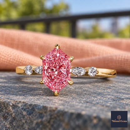 Pink Hexagon Cut Lab Grown Diamond Engagement Ring - Marquise and Round Accents in yellow gold, close-up