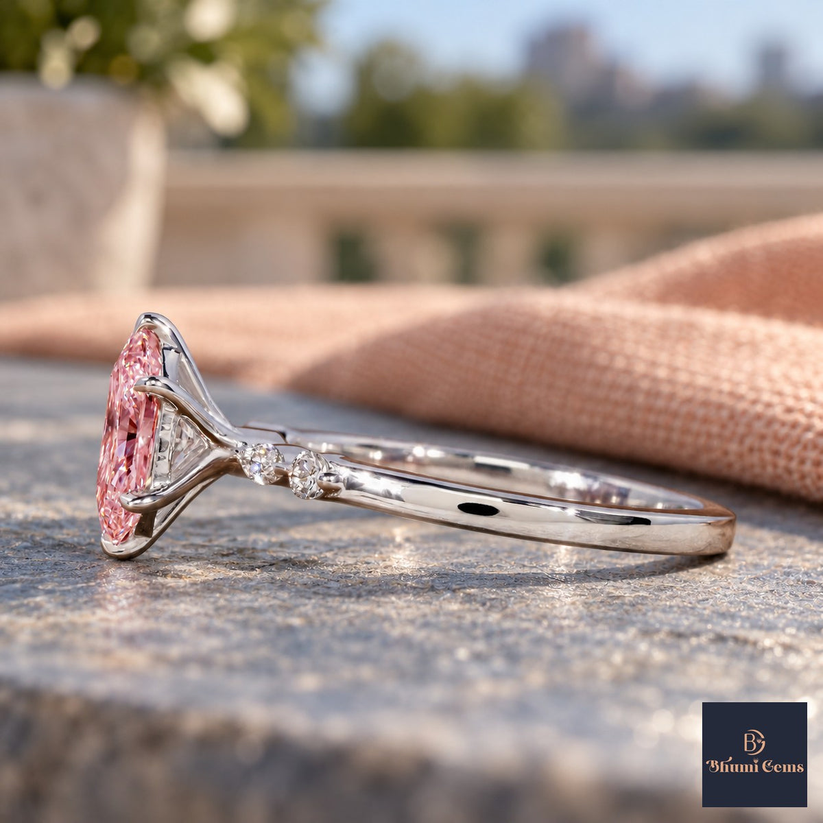 Pink Hexagon Cut Lab Grown Diamond Engagement Ring - Marquise and Round Accents in white gold, side view