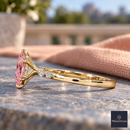 Pink Hexagon Cut Lab Grown Diamond Engagement Ring - Marquise and Round Accents in yellow gold, side view