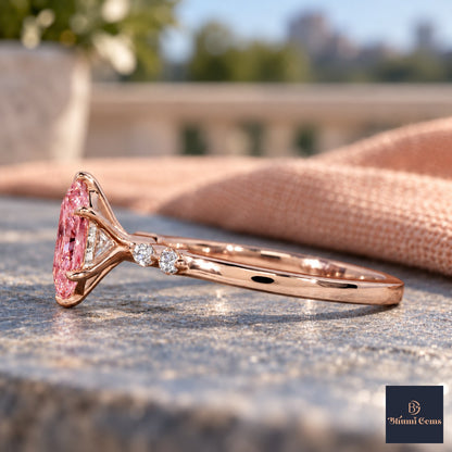 Pink Hexagon Cut Lab Grown Diamond Engagement Ring - Marquise and Round Accents in rose gold, side view