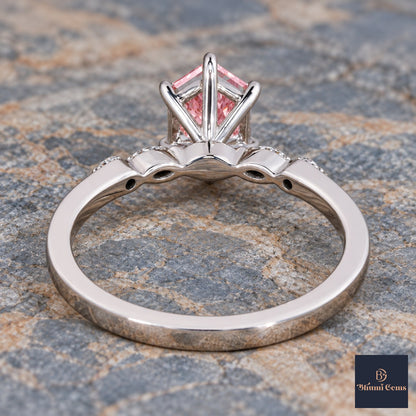 Pink Hexagon Cut Lab Grown Diamond Engagement Ring - Marquise and Round Accents in white gold, gallery view