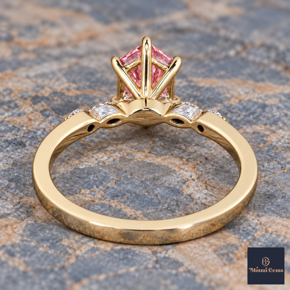 Pink Hexagon Cut Lab Grown Diamond Engagement Ring - Marquise and Round Accents in yellow gold, gallery view