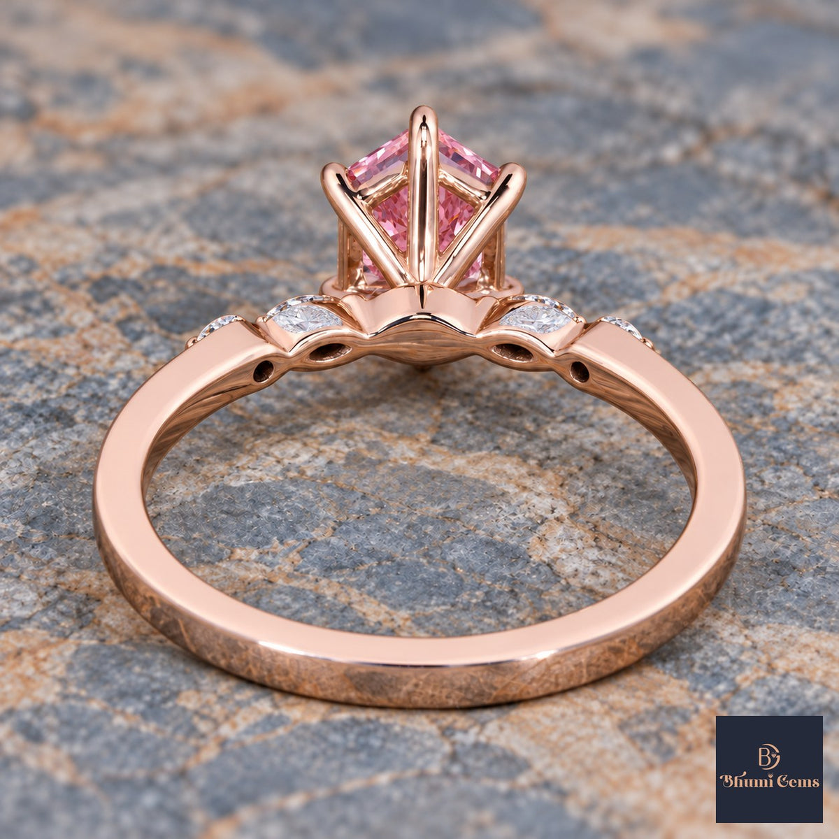 Pink Hexagon Cut Lab Grown Diamond Engagement Ring - Marquise and Round Accents in rose gold, gallery view