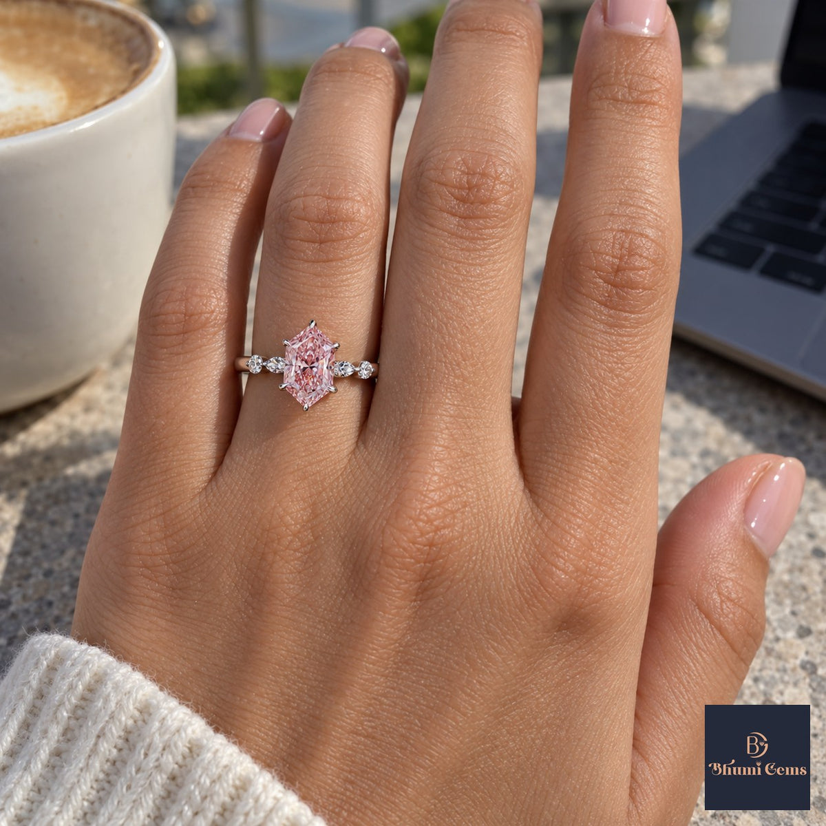 Pink Hexagon Cut Lab Grown Diamond Engagement Ring - Marquise and Round Accents in white gold, on the hand