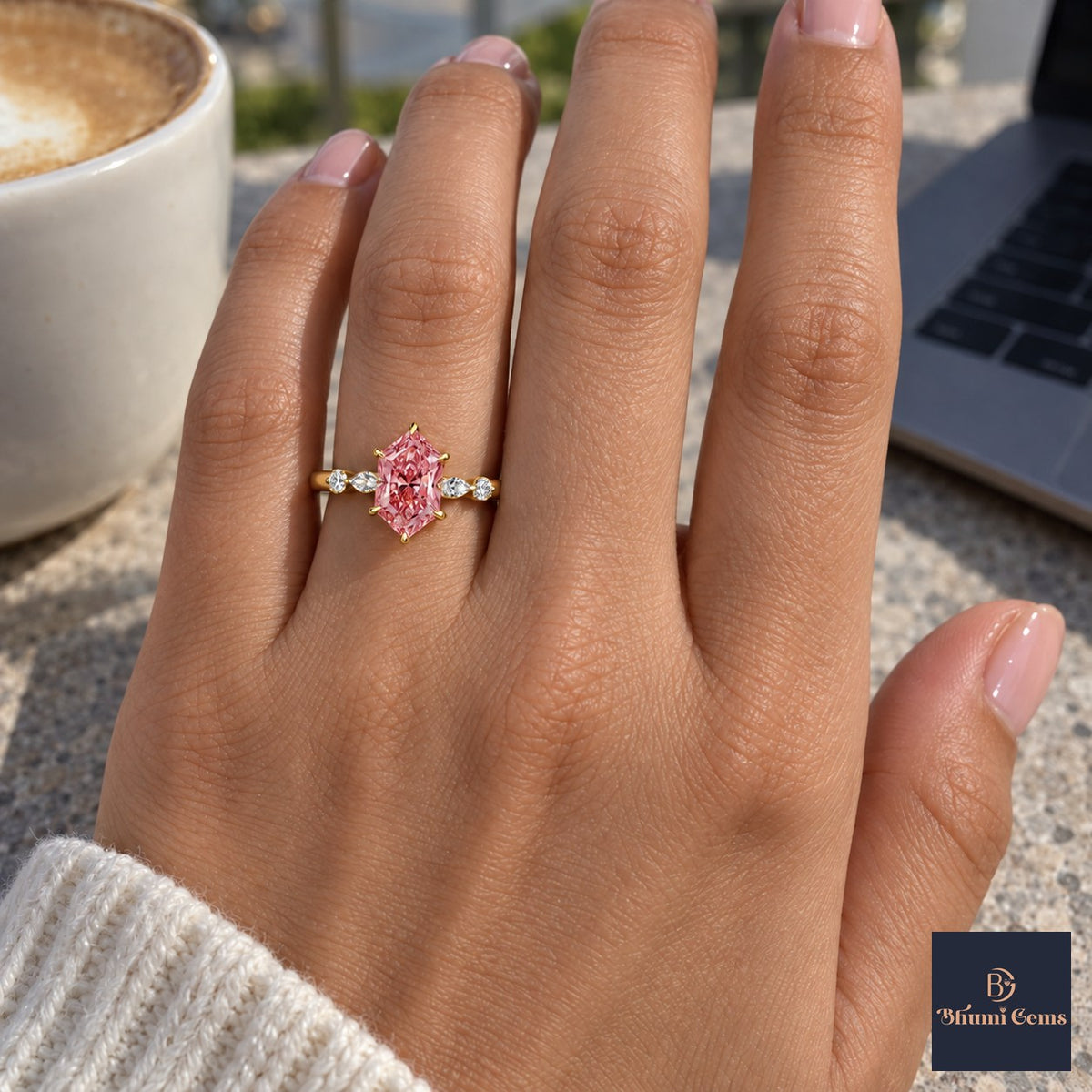 Pink Hexagon Cut Lab Grown Diamond Engagement Ring - Marquise and Round Accents in yellow gold, on the hand