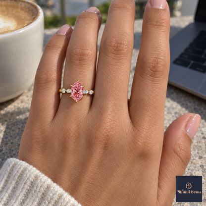 Pink Hexagon Cut Lab Grown Diamond Engagement Ring - Marquise and Round Accents in yellow gold, on the hand