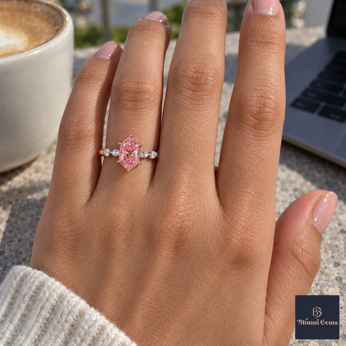 Pink Hexagon Cut Lab Grown Diamond Engagement Ring - Marquise and Round Accents in rose gold, on the hand