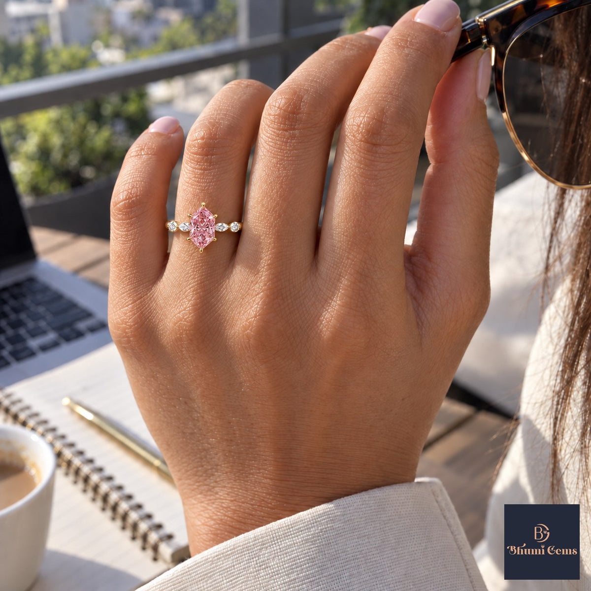 Pink Hexagon Cut Lab Grown Diamond Engagement Ring - Marquise and Round Accents in yellow gold, worn on the hand