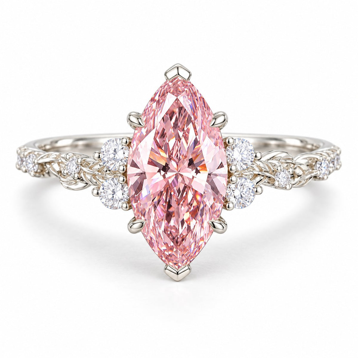 Pink Marquise Cut Lab Grown Diamond Engagement Ring - Cluster Vine Band in white gold, front view