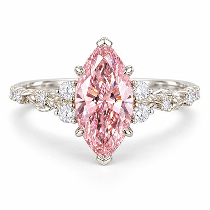 Pink Marquise Cut Lab Grown Diamond Engagement Ring - Cluster Vine Band in white gold, front view