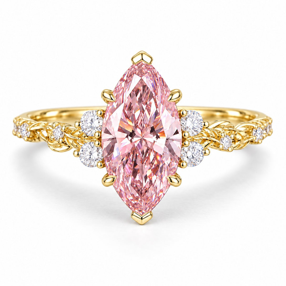 Pink Marquise Cut Lab Grown Diamond Engagement Ring - Cluster Vine Band in yellow gold, front view