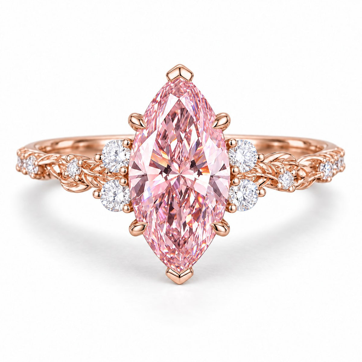 Pink Marquise Cut Lab Grown Diamond Engagement Ring - Cluster Vine Band in rose gold, front view