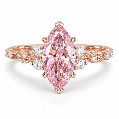 Pink Marquise Cut Lab Grown Diamond Engagement Ring - Cluster Vine Band in rose gold, front view