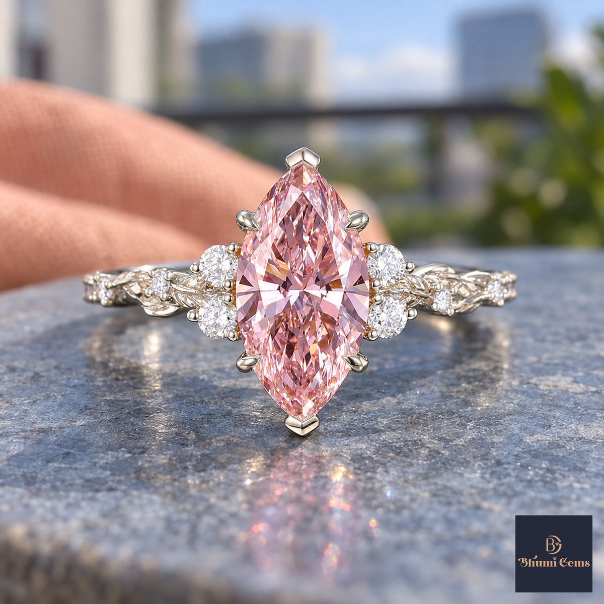 Pink Marquise Cut Lab Grown Diamond Engagement Ring - Cluster Vine Band in white gold, close-up