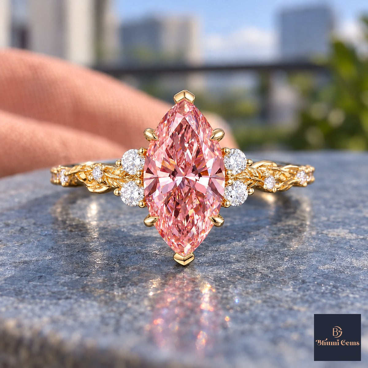 Pink Marquise Cut Lab Grown Diamond Engagement Ring - Cluster Vine Band in yellow gold, close-up