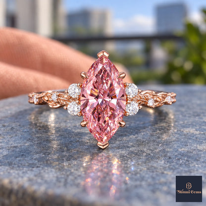 Pink Marquise Cut Lab Grown Diamond Engagement Ring - Cluster Vine Band in rose gold, close-up