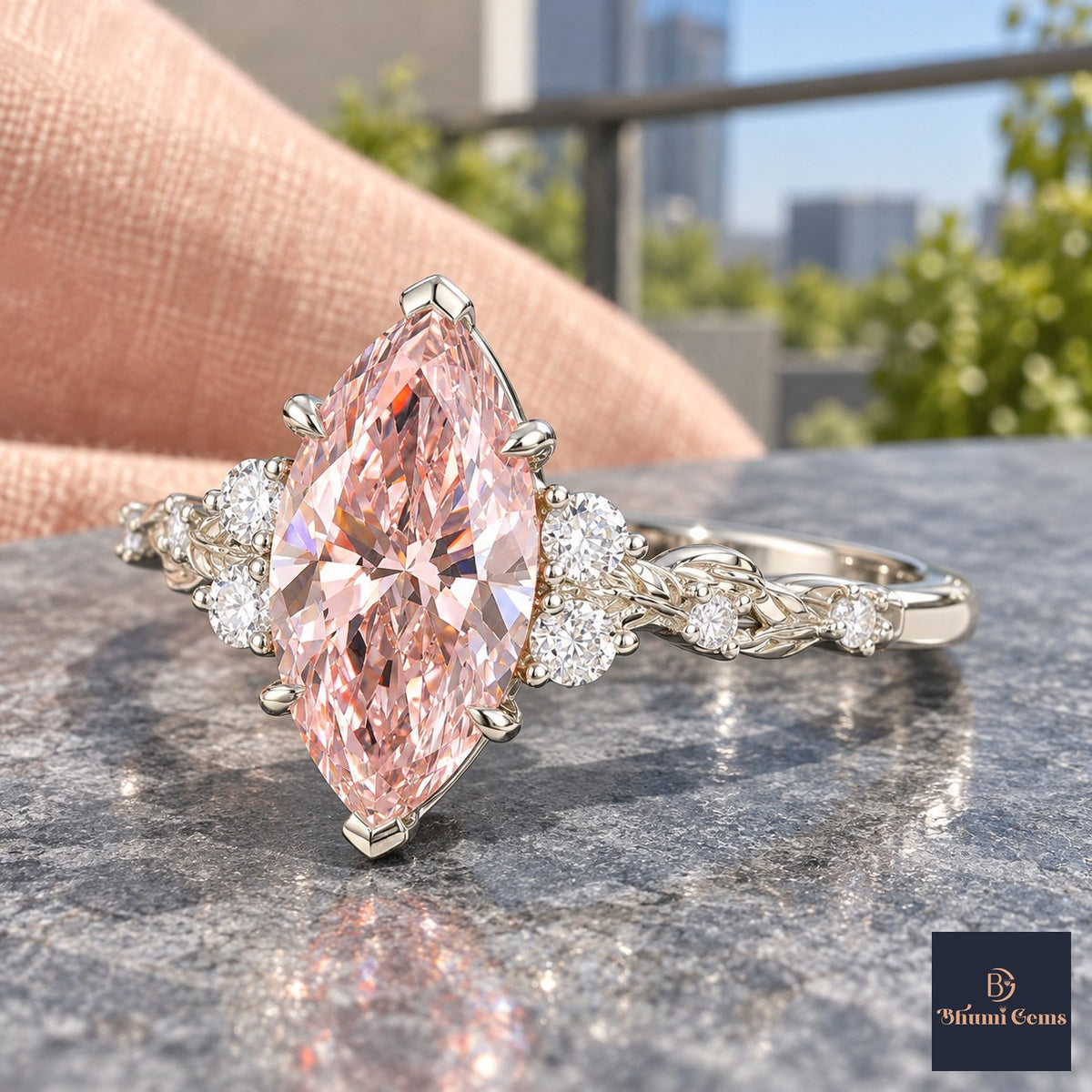 Pink Marquise Cut Lab Grown Diamond Engagement Ring - Cluster Vine Band in white gold, side view