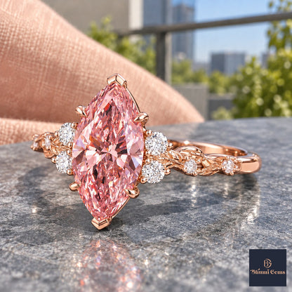 Pink Marquise Cut Lab Grown Diamond Engagement Ring - Cluster Vine Band in rose gold, side view
