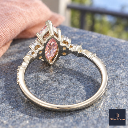 Pink Marquise Cut Lab Grown Diamond Engagement Ring - Cluster Vine Band in white gold, gallery view