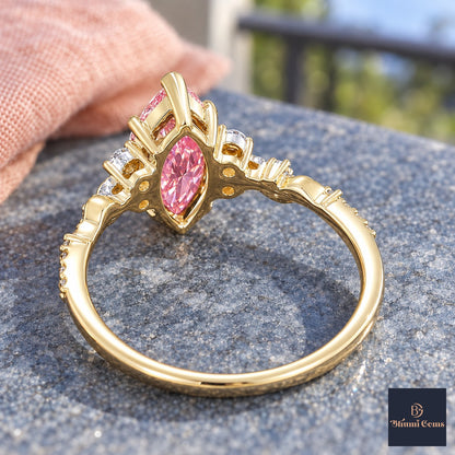 Pink Marquise Cut Lab Grown Diamond Engagement Ring - Cluster Vine Band in yellow gold, gallery view