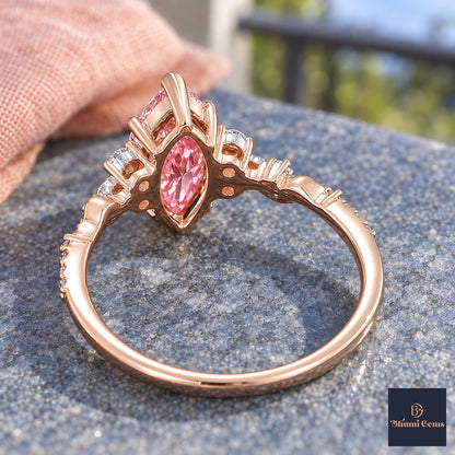 Pink Marquise Cut Lab Grown Diamond Engagement Ring - Cluster Vine Band in rose gold, gallery view