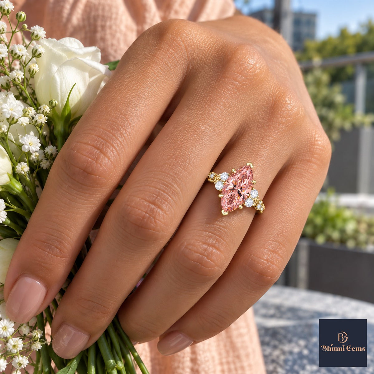 Pink Marquise Cut Lab Grown Diamond Engagement Ring - Cluster Vine Band in yellow gold, on the hand