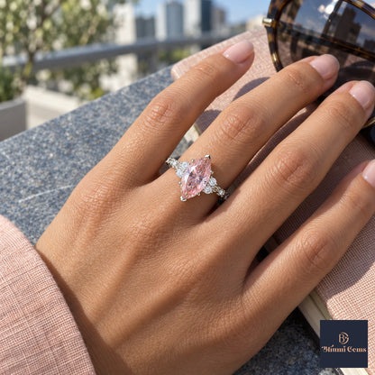 Pink Marquise Cut Lab Grown Diamond Engagement Ring - Cluster Vine Band in white gold, worn on the hand