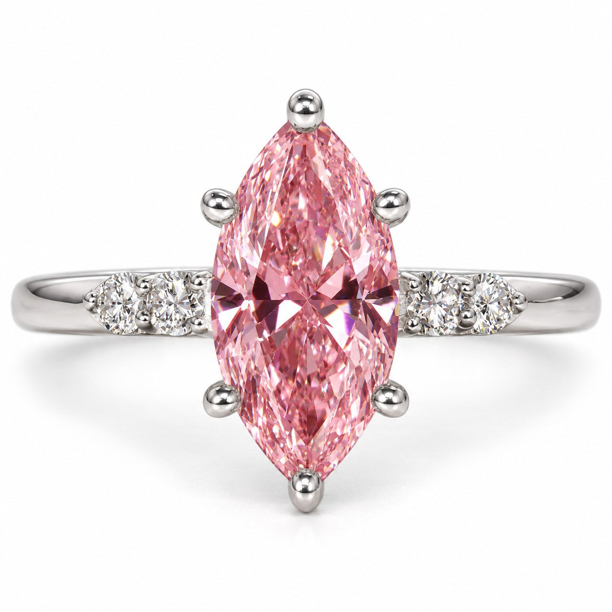 Pink Marquise Cut Lab Grown Diamond Engagement Ring - Round Accents in white gold, front view
