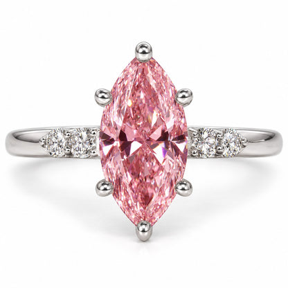 Pink Marquise Cut Lab Grown Diamond Engagement Ring - Round Accents in white gold, front view