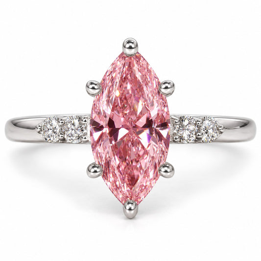 Pink Marquise Cut Lab Grown Diamond Engagement Ring - Round Accents in white gold, front view