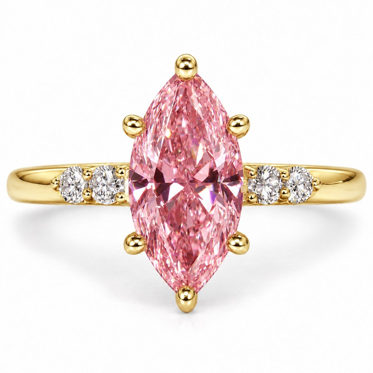 Pink Marquise Cut Lab Grown Diamond Engagement Ring - Round Accents in yellow gold, front view