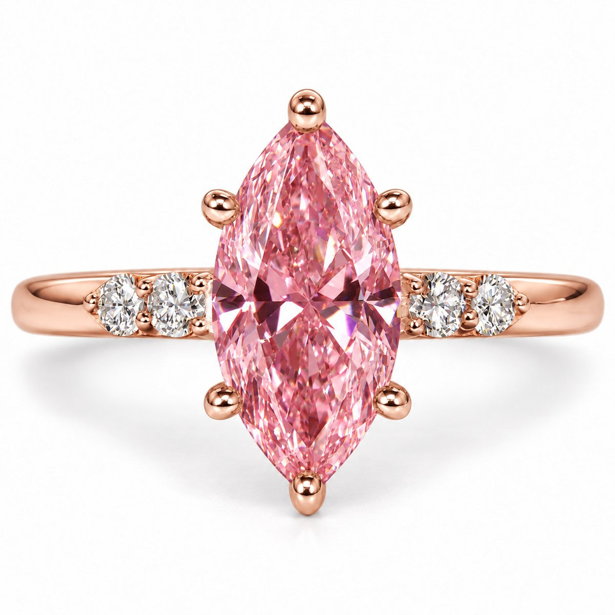 Pink Marquise Cut Lab Grown Diamond Engagement Ring - Round Accents in rose gold, front view
