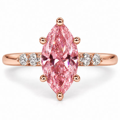 Pink Marquise Cut Lab Grown Diamond Engagement Ring - Round Accents in rose gold, front view