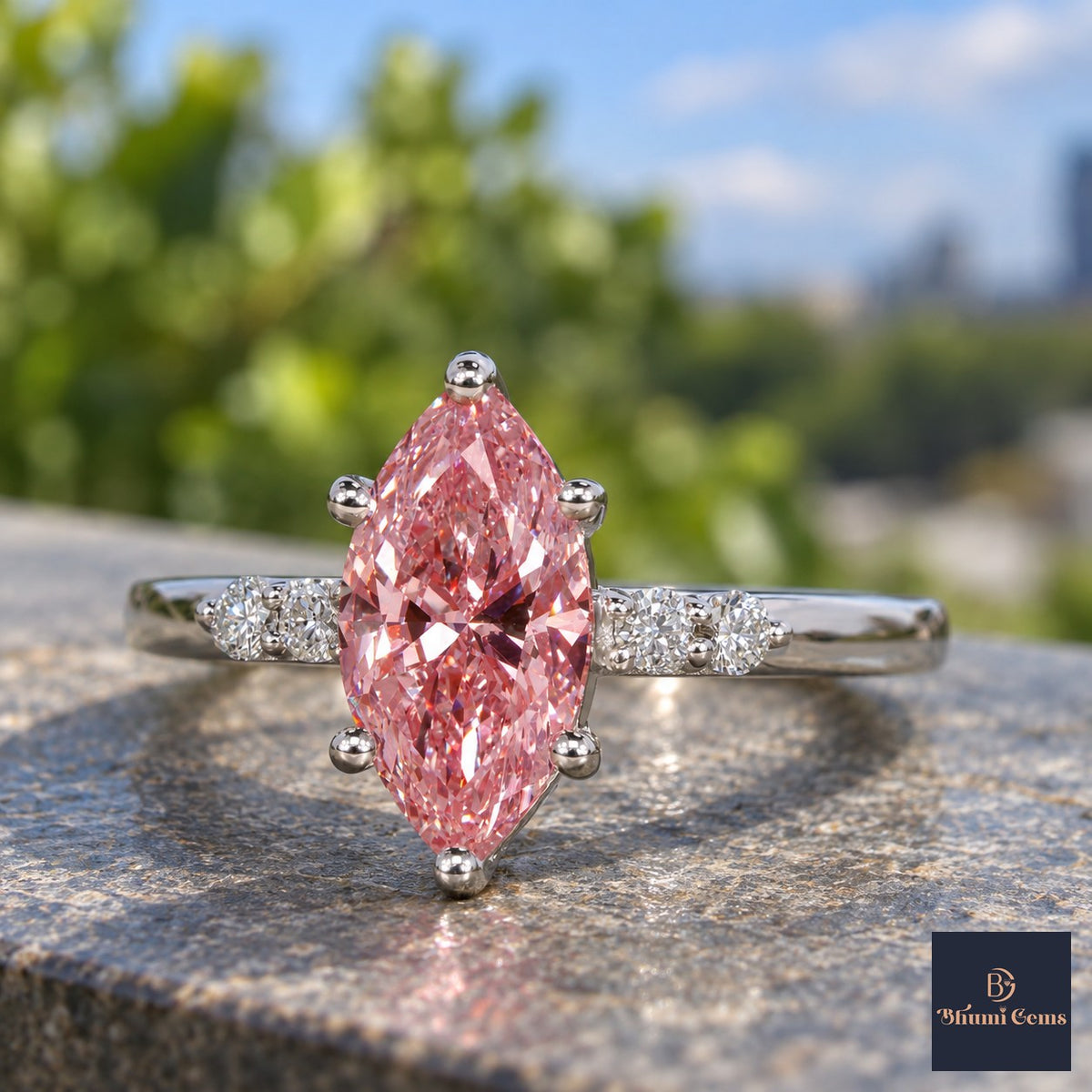 Pink Marquise Cut Lab Grown Diamond Engagement Ring - Round Accents in white gold, close-up