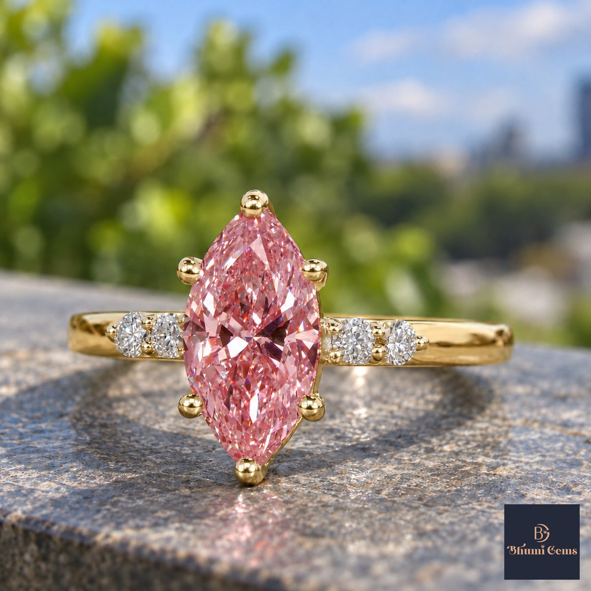 Pink Marquise Cut Lab Grown Diamond Engagement Ring - Round Accents in yellow gold, close-up