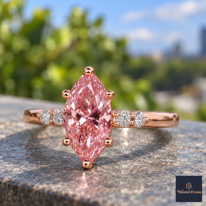 Pink Marquise Cut Lab Grown Diamond Engagement Ring - Round Accents in rose gold, close-up