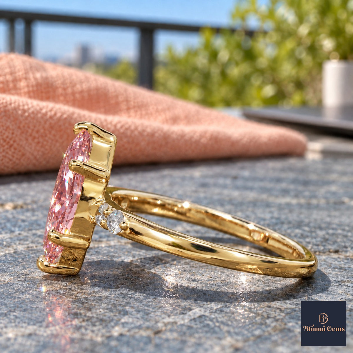 Pink Marquise Cut Lab Grown Diamond Engagement Ring - Round Accents in yellow gold, side view